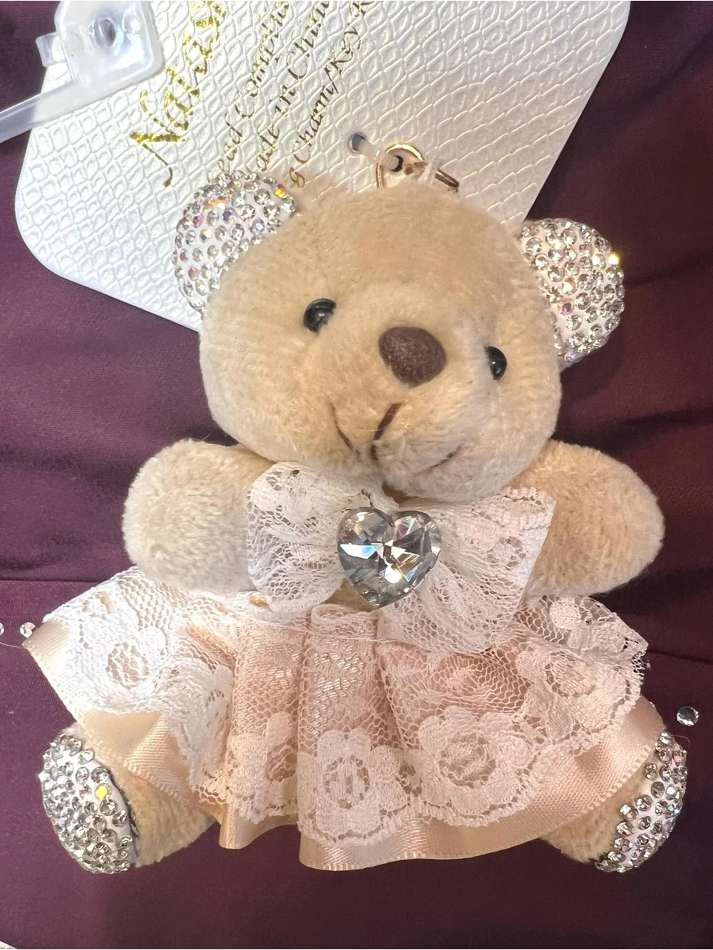 🐻NATASHA plush beige bear WITH lace dress with rhinestone accents.🐻NWT